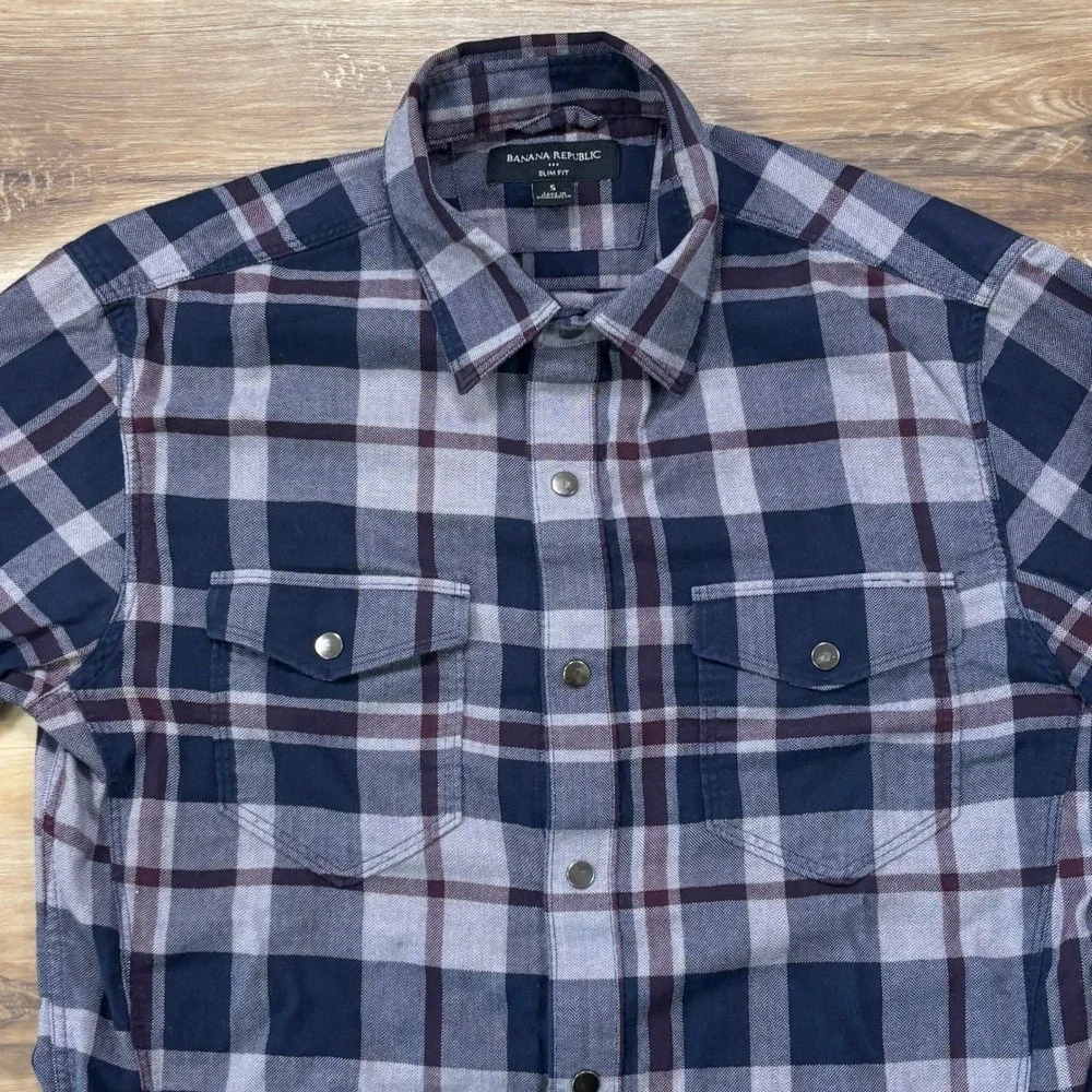 Banana Republic Flannel Shirt Small Mens Plaid Snap Button Slim Fit Blue Grey